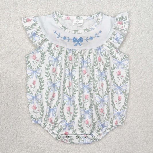 SR2543  Bows Embroidery Flowers Print Baby Girls Summer Romper