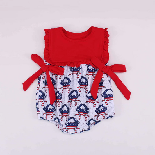 (Pre-order)SR2550  Crab Stars Print Baby Girls 4th of July Romper