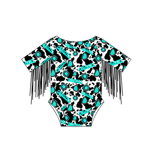 (Pre-order)SR2551  Cowgirl Turquoise Print Baby Girls Western Tassel Romper