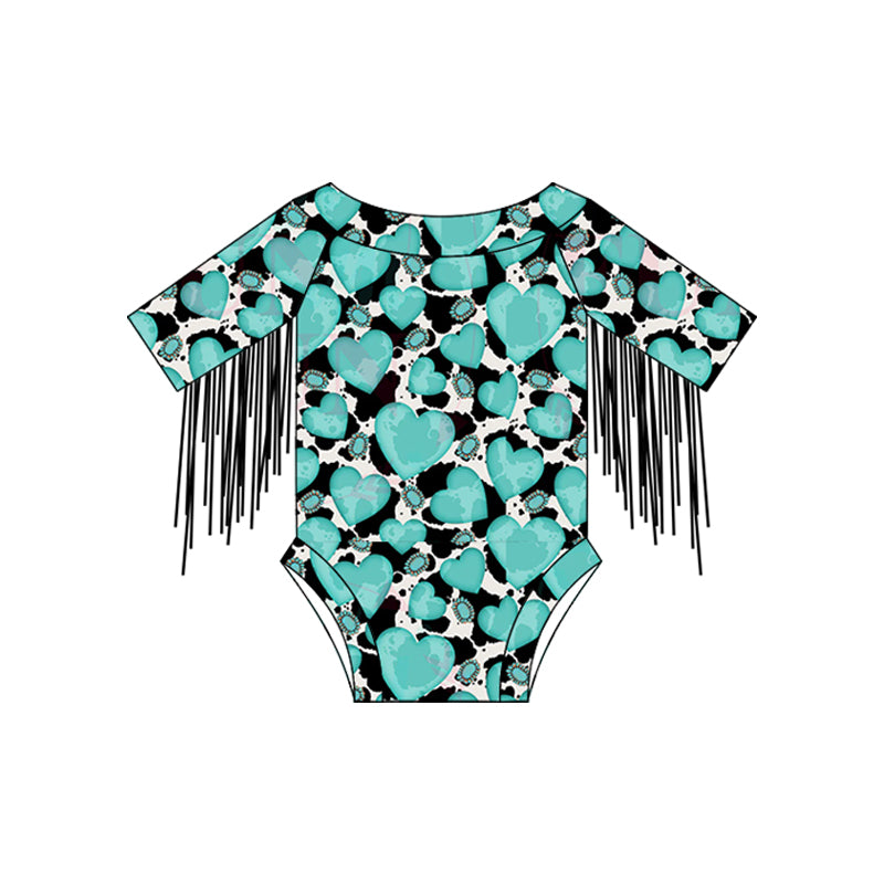 (Pre-order)SR2553  Heart Turquoise Print Baby Girls Western Tassel Romper