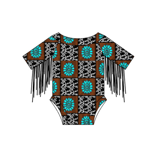 (Pre-order)SR2555  Turquoise Plaid Print Baby Girls Western Tassel Romper