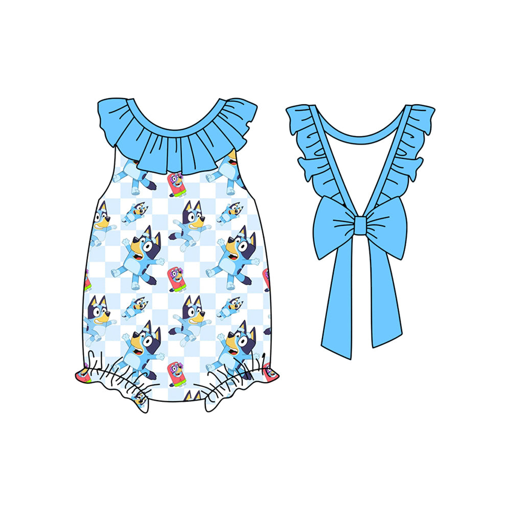 (Pre-order)SR2556  Cartoon Dog Plaid Print Baby Girls Summer Romper