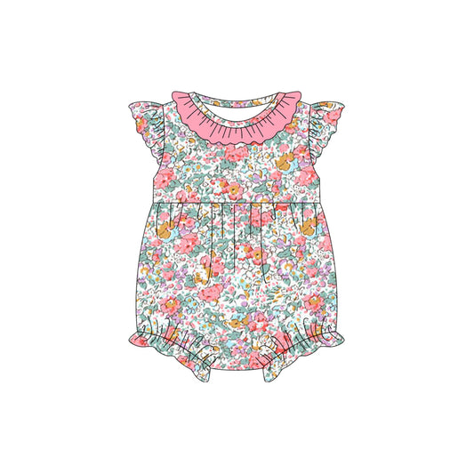 (Pre-order)SR2557  Orange Flowers Print Baby Girls Summer Romper