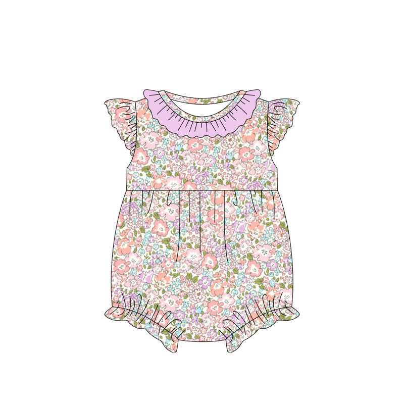 (Pre-order)SR2558  Purple Flowers Print Baby Girls Summer Romper