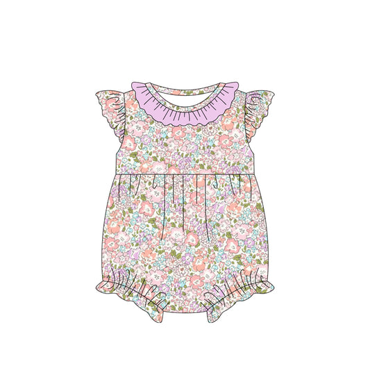 (Pre-order)SR2558  Purple Flowers Print Baby Girls Summer Romper