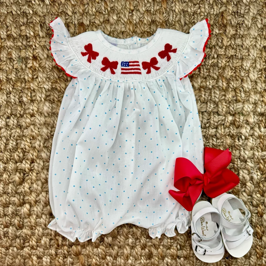 (Pre-order)SR2560  Bows Flag Dots Print Baby Girls 4th of July Romper