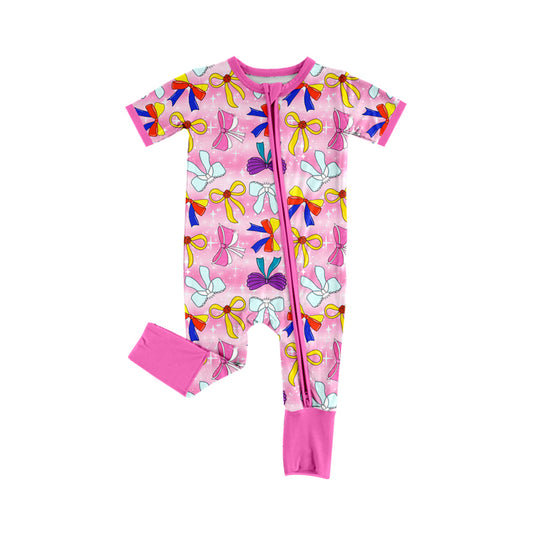 (Pre-order)SR2564 Cartoon Princess Bows Pink Print Baby Girls Summer Sleeper Zipper Romper