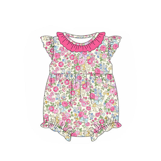 (Pre-order)SR2565 Pink Flowers Print Baby Girls Summer Romper