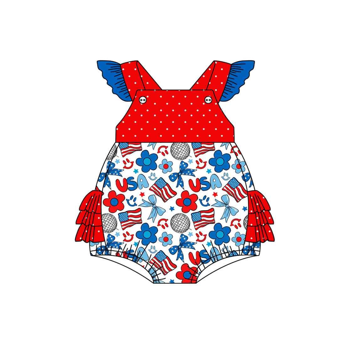 (Pre-order)SR2569  Flag Bows Flowers Print Baby Girls 4th of July Bubble Romper