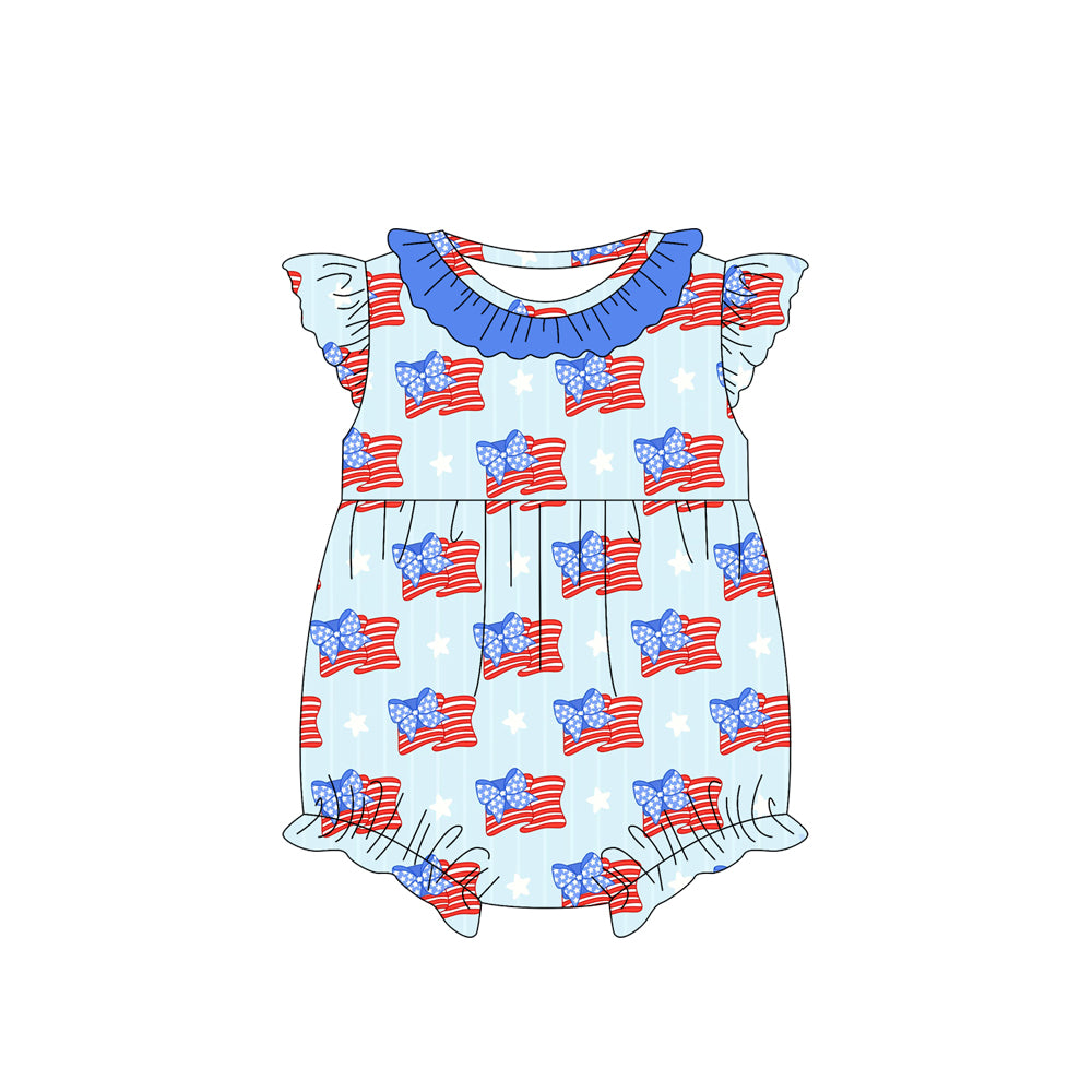 (Pre-order)SR2570  Flag Bows Stars Print Baby Girls 4th of July Romper