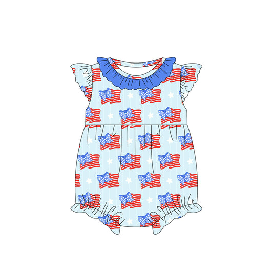 (Pre-order)SR2570  Flag Bows Stars Print Baby Girls 4th of July Romper