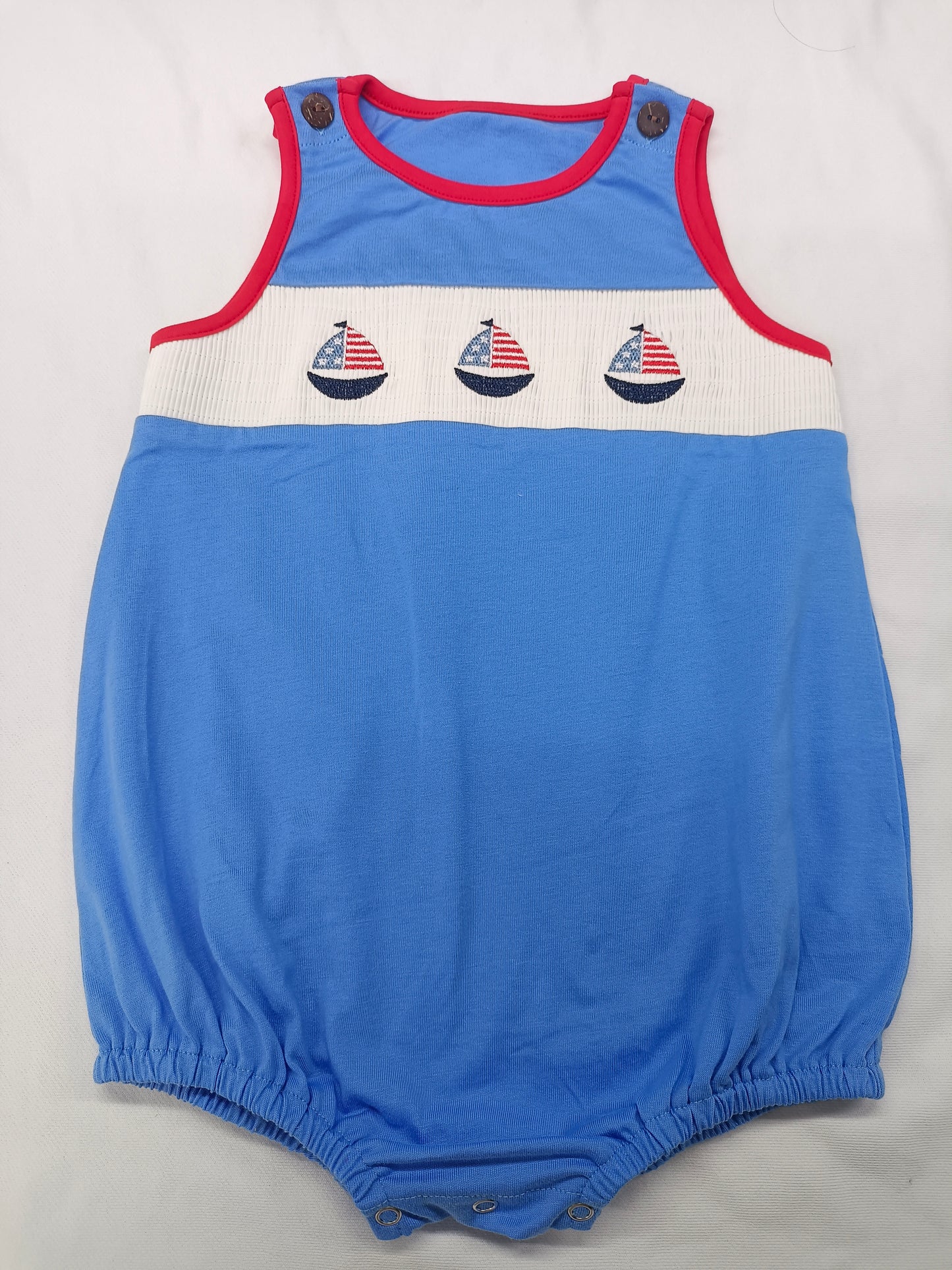 (Pre-order)SR2574  Sailboat Flag Embroidery Blue Color Baby 4th of July Smocked Bubble Romper