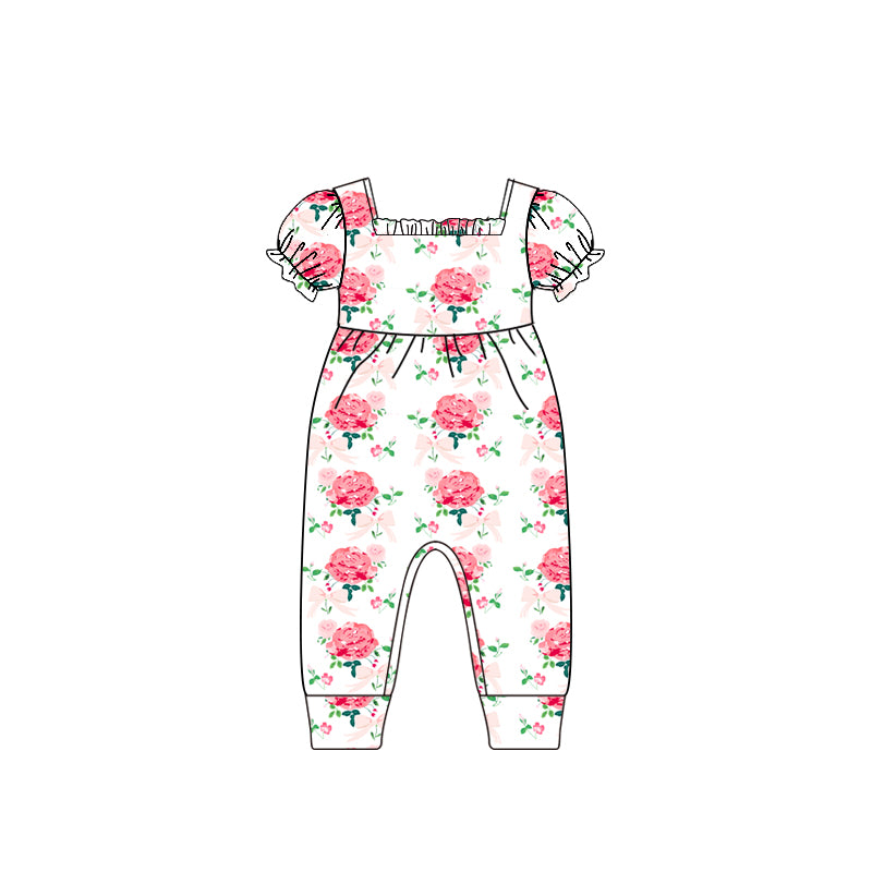 (Pre-order)SR2577 Pink Flowers Print Baby Girls Summer Romper