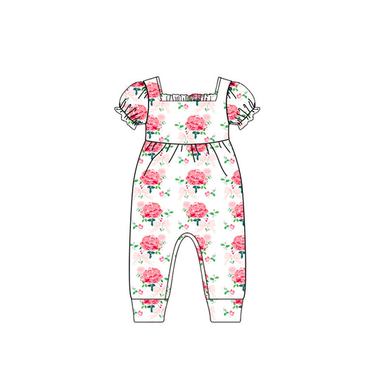 (Pre-order)SR2577 Pink Flowers Print Baby Girls Summer Romper