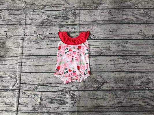 (Pre-order)SR2582  Bunny Strawberry Bows Print Baby Girls Easter Romper