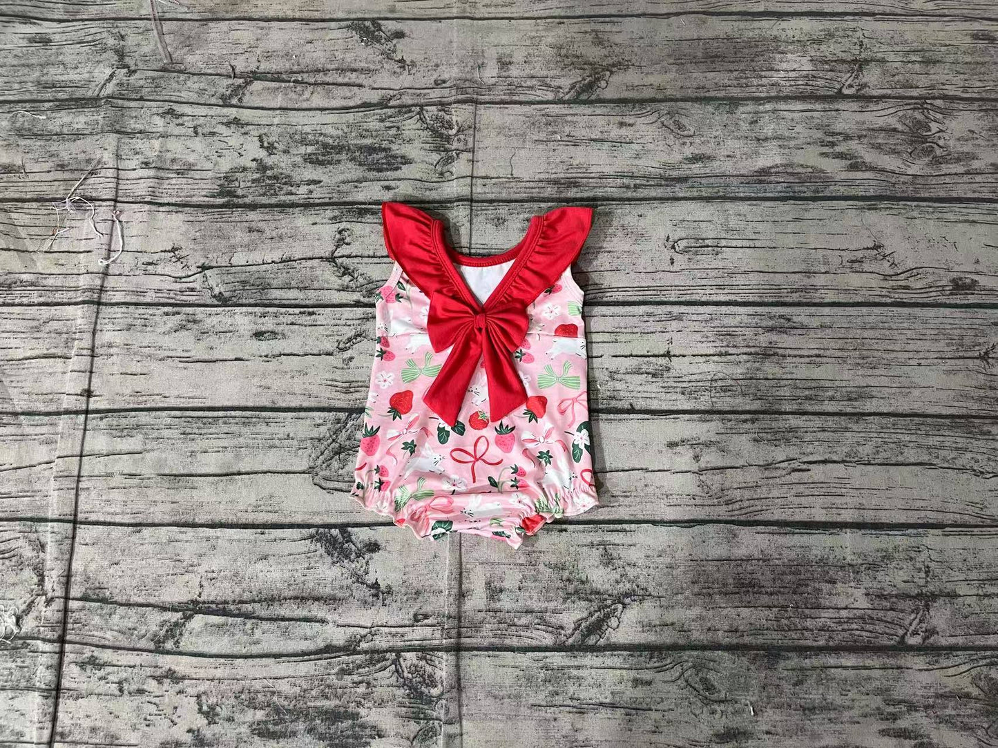 (Pre-order)SR2582  Bunny Strawberry Bows Print Baby Girls Easter Romper