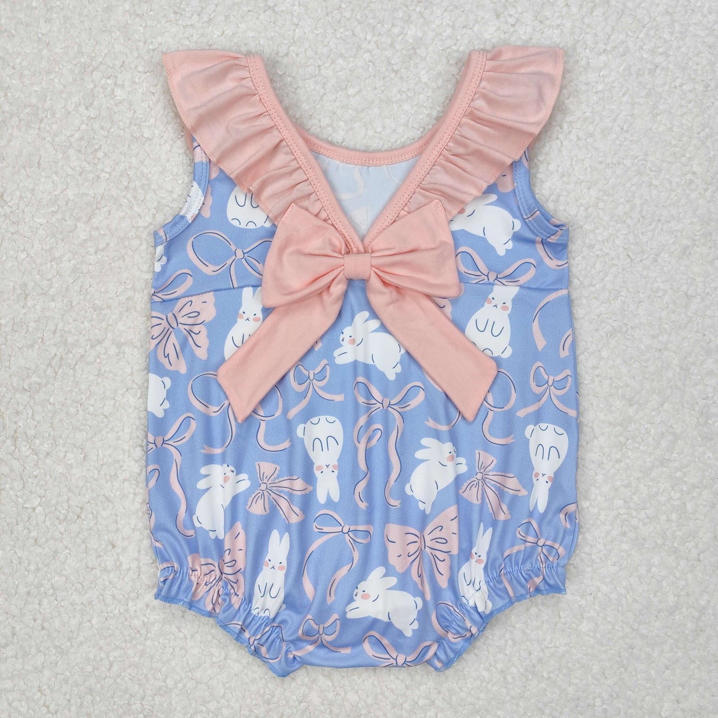 SR2583  Bunny Bows Print Baby Girls Easter Romper