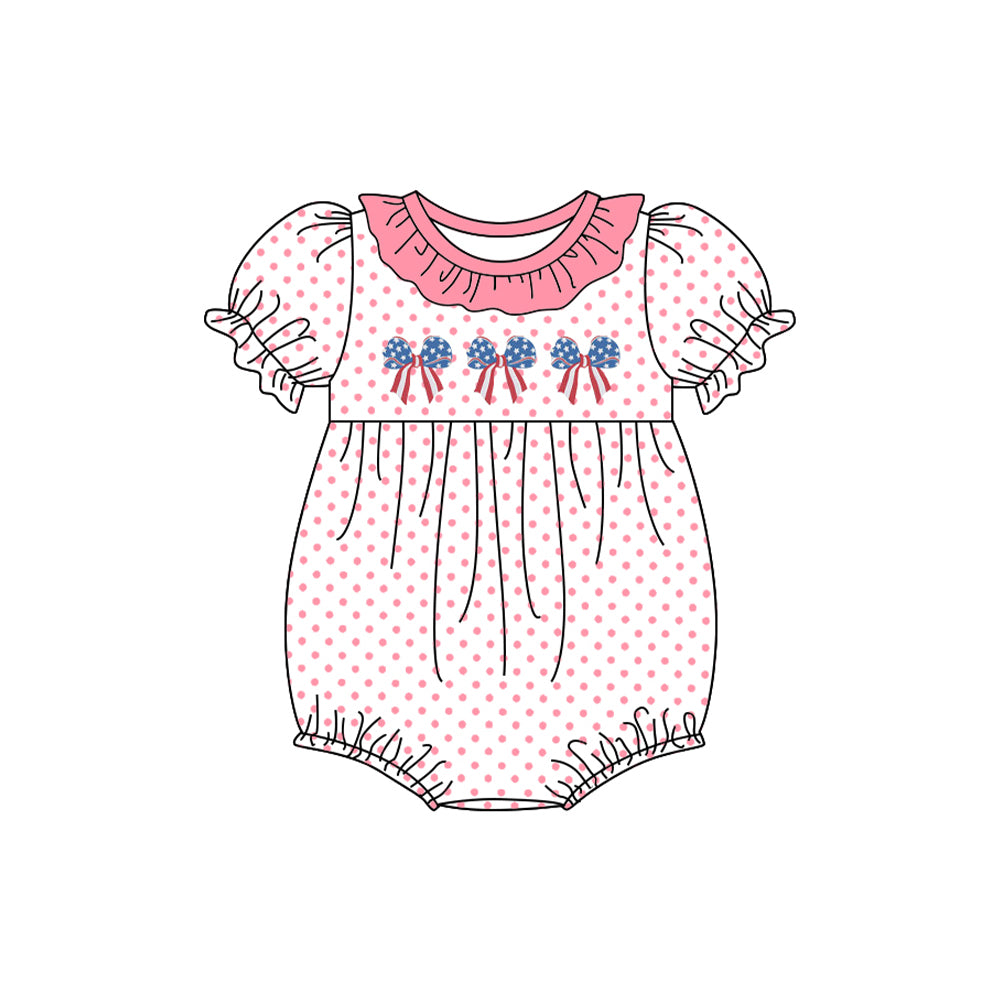 (Pre-order)SR2586  Bows Pink Dots Print Baby Girls 4th of July Romper