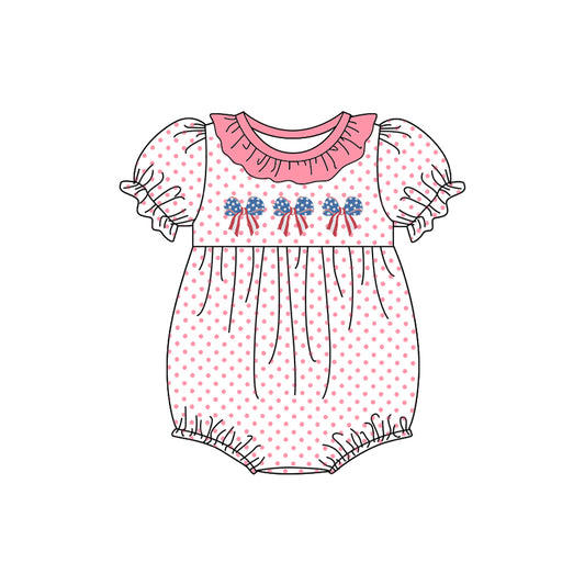 (Pre-order)SR2586  Bows Pink Dots Print Baby Girls 4th of July Romper