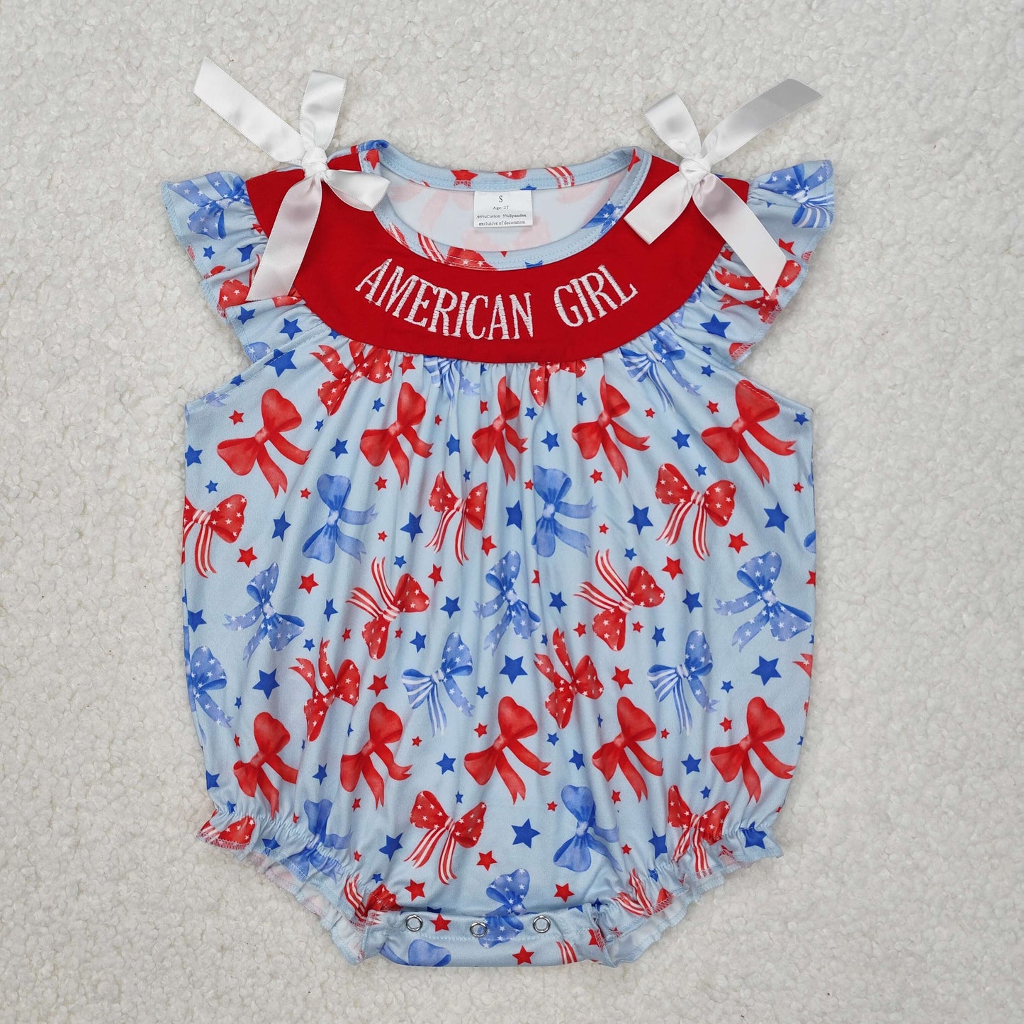 AMERICAN GIRL Embroidery Red Blue Bows Stars Print Sisters 4th of July Matching Clothes