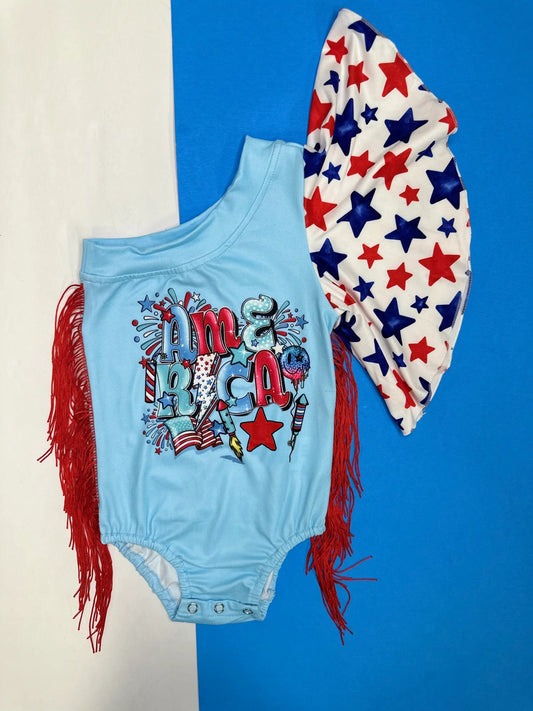(Pre-order)SR2590  America Stars Print Baby Girls One Shoulder Sleeve Tassels 4th of July Romper