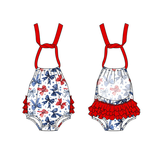 (Pre-order)SR2591  Bows Stars Print Baby Girls 4th of July Halter Bubble Romper