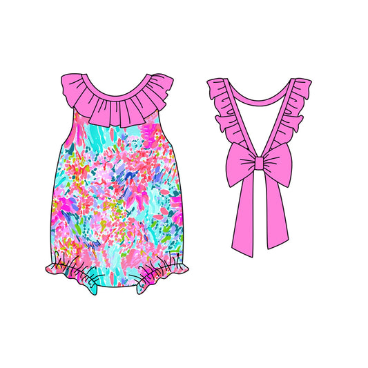 (Pre-order)SR2594  Seaweed Flowers Print Baby Girls Summer Romper