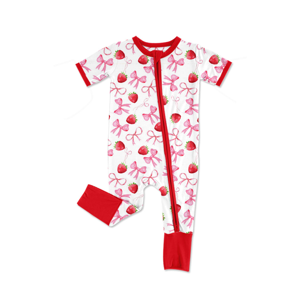 (Pre-order)SR2595 Strawberry Bows Print Baby Girls Summer Sleeper Zipper Romper