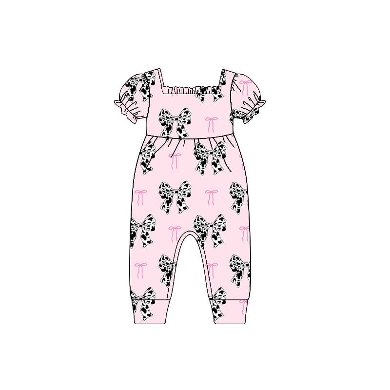 (Pre-order)SR2601 Cowhide Bows Print Baby Girls Summer Romper