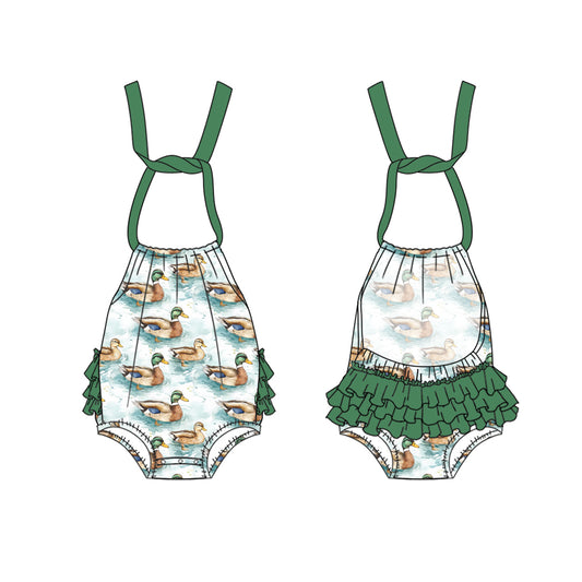 (Pre-order)SR2604  Duck Green Print Baby Girls Summer Bubble Romper