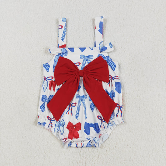 SR2606  Blue Red Bows Print Baby Girls 4th of July Romper