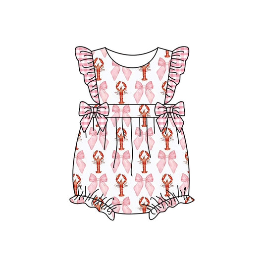 (Pre-order)SR2612  Crayfish Pink Bows Print Baby Girls Summer Romper