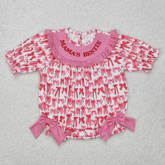 SR2620 MAMA'S BESTIE Embroidery Pink Bows Print Smocked Baby Girls Short Sleeve Romper