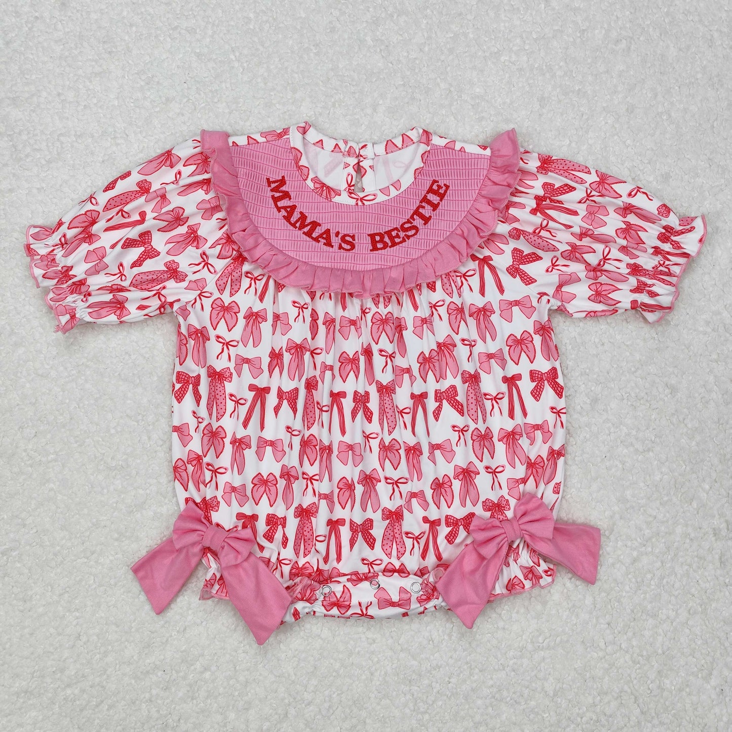 MAMA'S BESTIE Embroidery Pink Bows Print Sisters Summer Matching Smocked Clothes