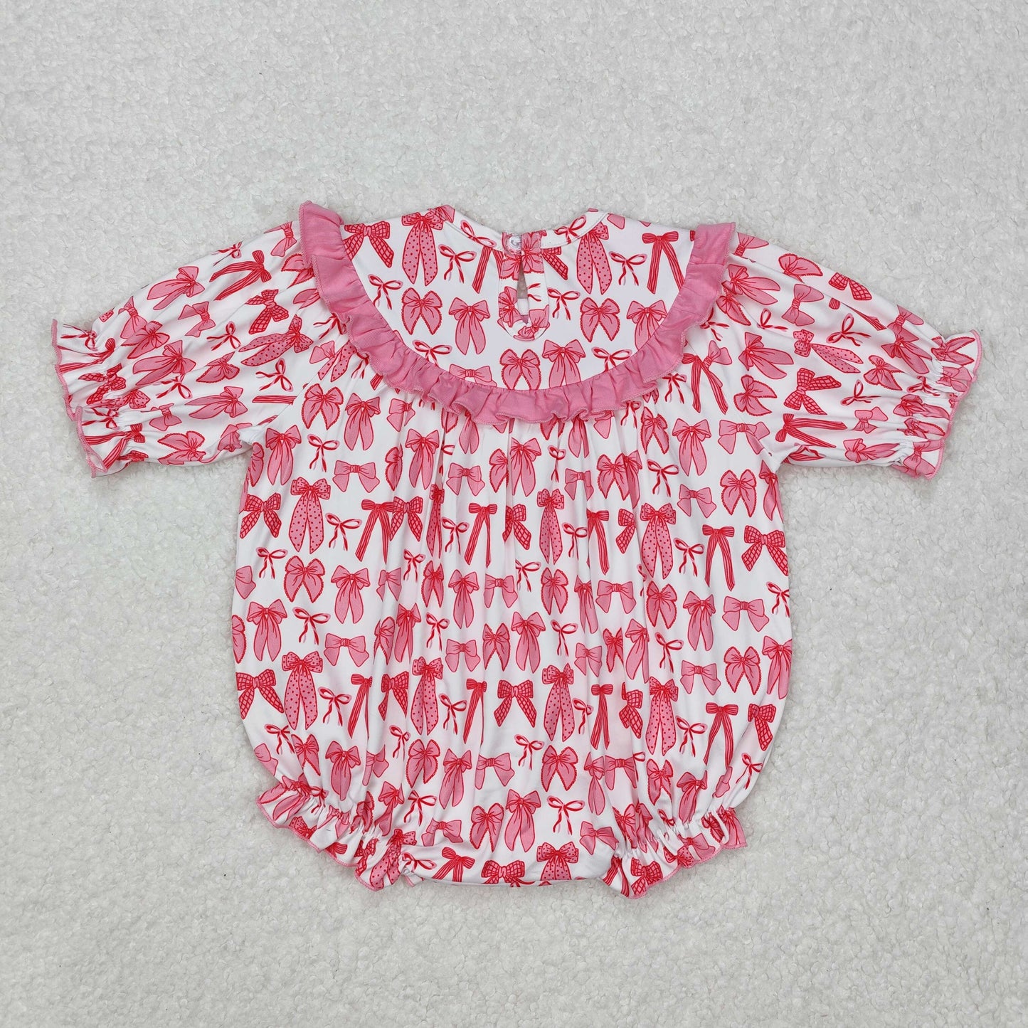 SR2620 MAMA'S BESTIE Embroidery Pink Bows Print Smocked Baby Girls Short Sleeve Romper