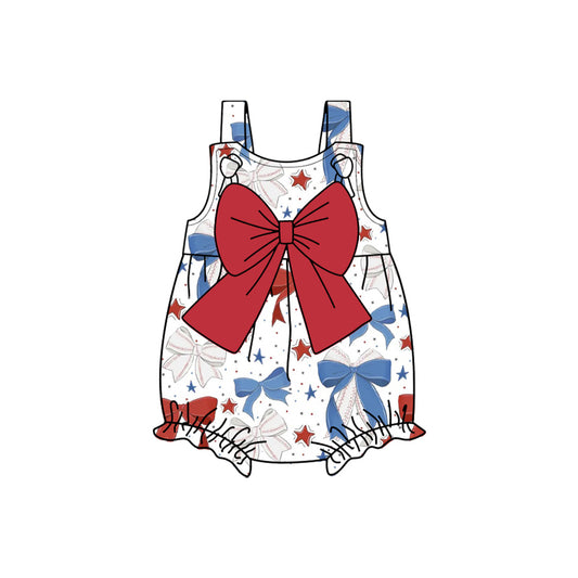 (Pre-order)SR2621  Bows Stars Print Baby Girls 4th of July Romper