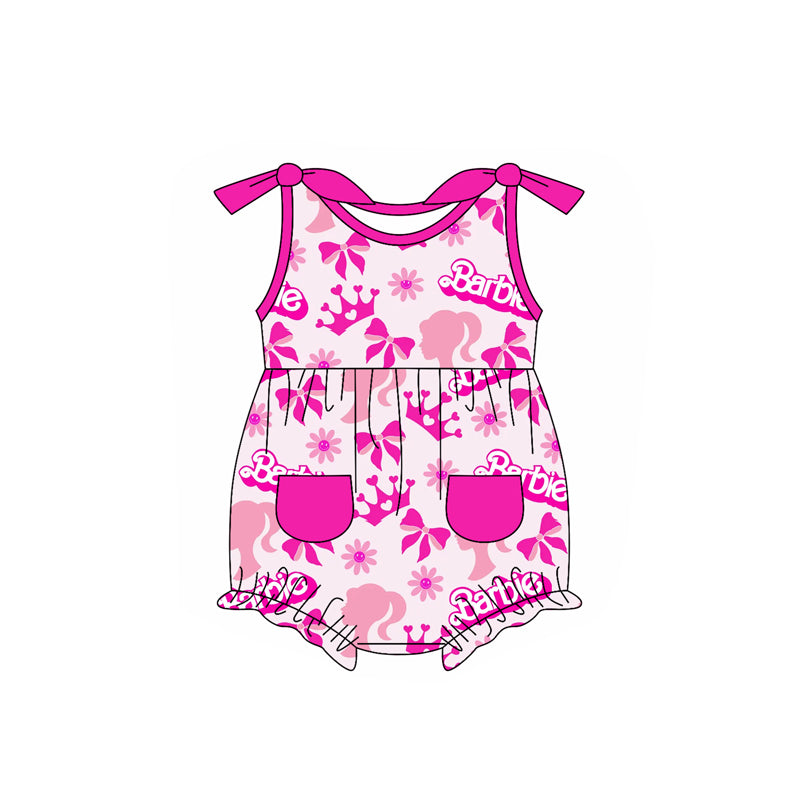 (Pre-order)SR2622  Pink BA Bows Flowers Print Pockets Baby Girls Summer Romper