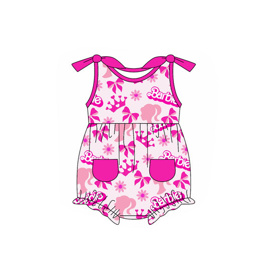 (Pre-order)SR2622  Pink BA Bows Flowers Print Pockets Baby Girls Summer Romper