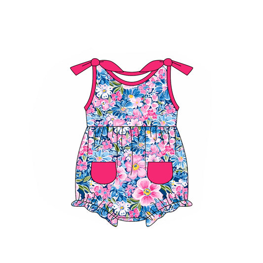 (Pre-order)SR2623  Pink Blue Flowers Print Pockets Baby Girls Summer Romper