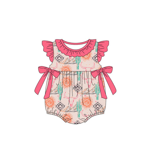 (Pre-order)SR2627  Cow Skull Cactus Western Print Baby Girls Summer Romper