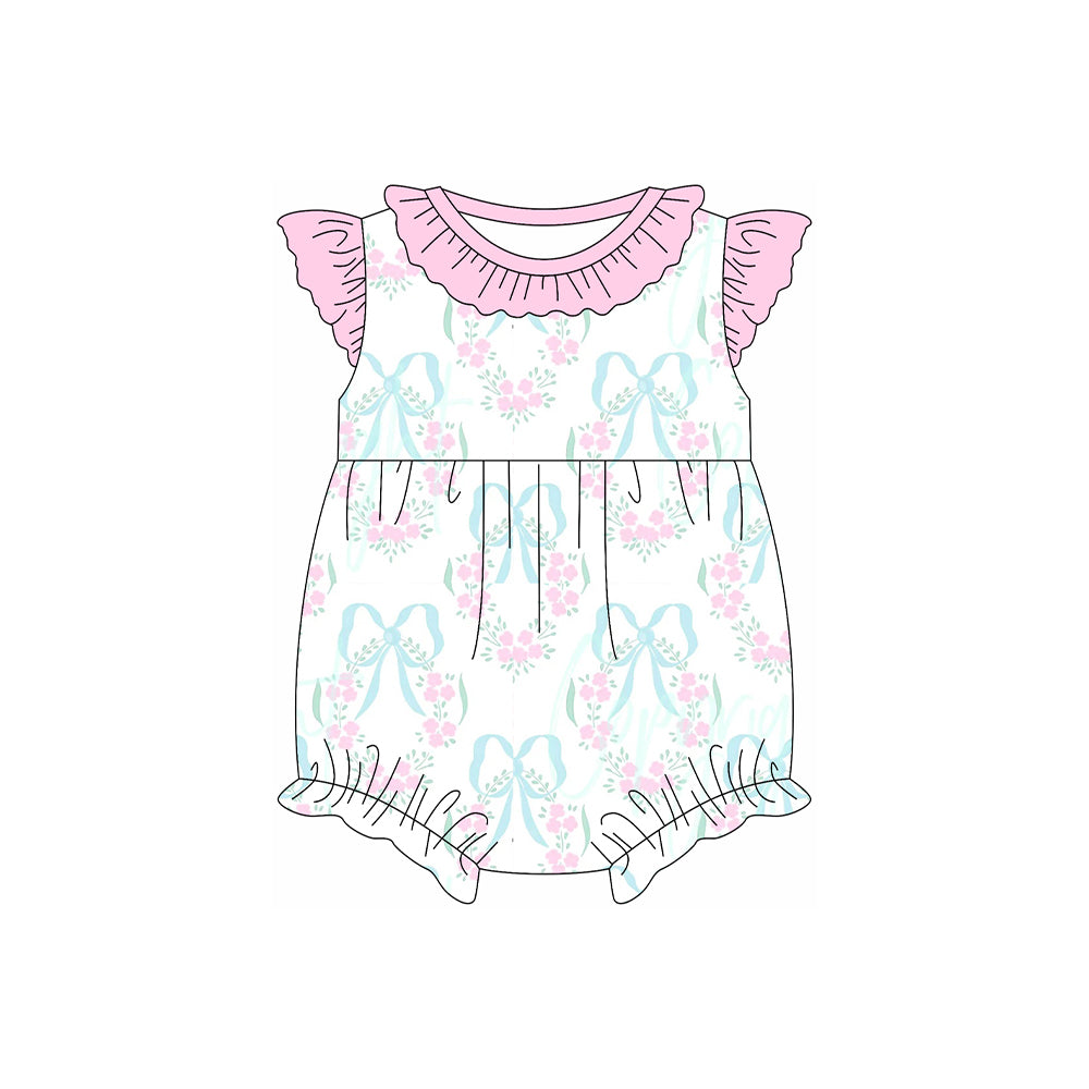 (Pre-order)SR2629  Bows Flowers Print Baby Girls Summer Romper