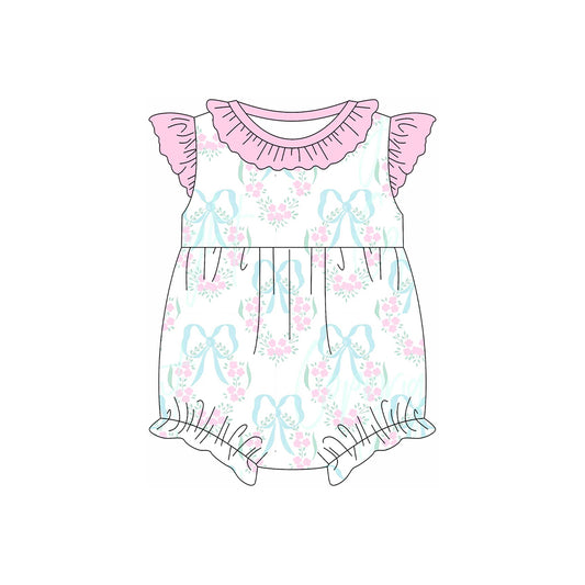 (Pre-order)SR2629  Bows Flowers Print Baby Girls Summer Romper