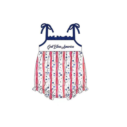 (Pre-order)SR2636  God Bless America Stars Print Baby Girls 4th of July Romper