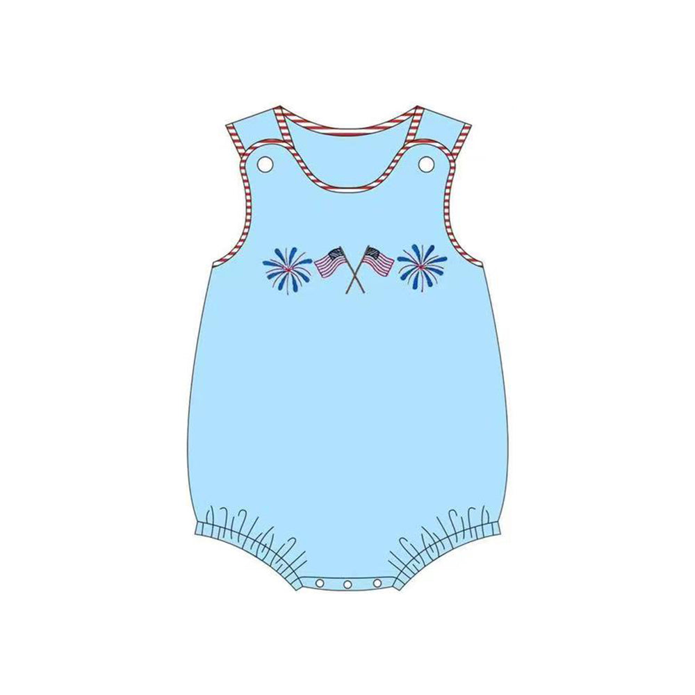 (Pre-order)SR2638  Fireworks Flag Blue Print Baby Boys 4th of July Romper