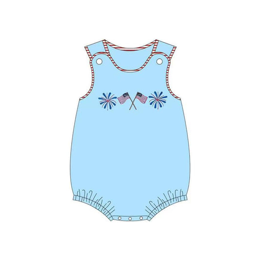 (Pre-order)SR2638  Fireworks Flag Blue Print Baby Boys 4th of July Romper