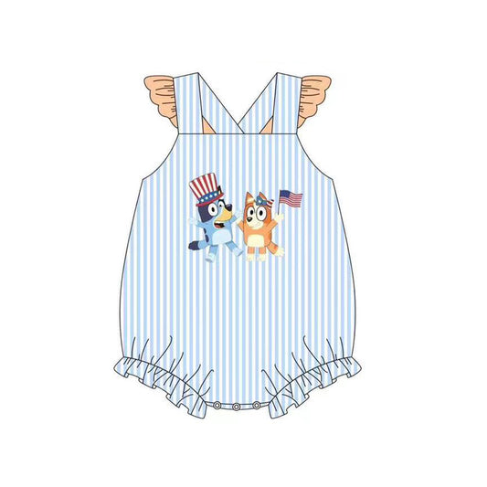 (Pre-order)SR2640  Cartoon Dog Flag Stripes Print Baby Girls 4th of July Romper