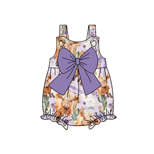(Pre-order)SR2644  Highland Cow Flowers Purple Print Baby Girls Summer Romper