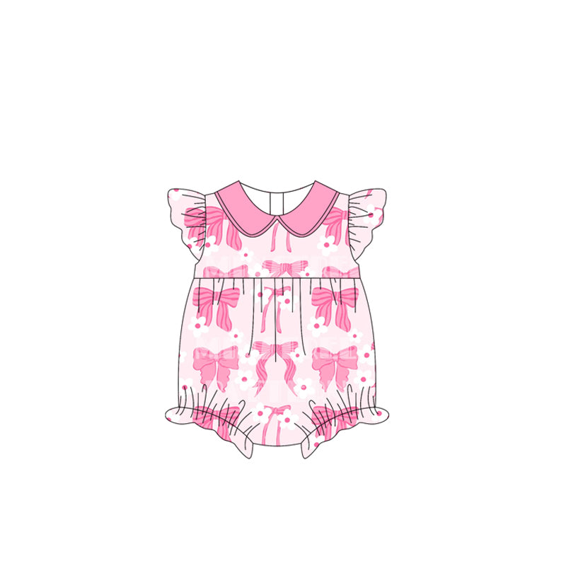 (Pre-order)SR2646  Pink Bows Print Baby Girls Summer Romper