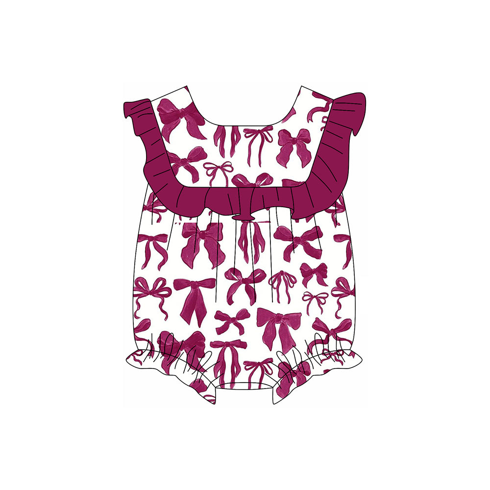 (Pre-order)SR2647  Wine Bows Print Baby Girls Summer Romper