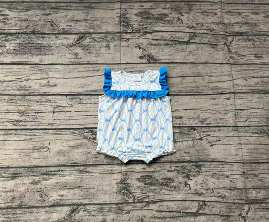 (Pre-order)SR2648  Flowers Bows Blue Print Baby Girls Summer Romper